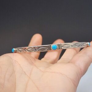 Vintage DK Bangle Bracelet Silver Blue Stone Stamped Etched 8in